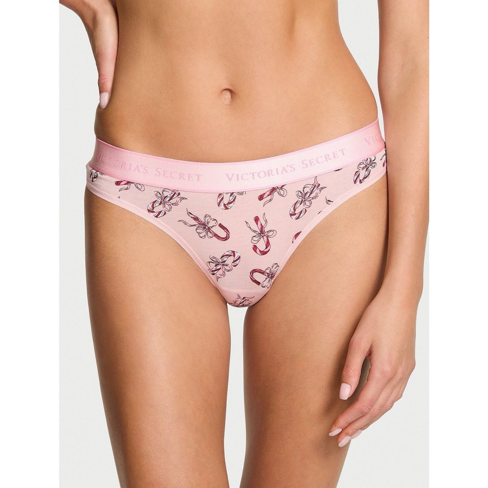 Victoria's Secret Holidayβ Candy Cane Bow SZ XL Cotton Modal Logo Thong Mid Rise